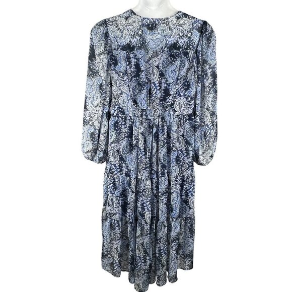 NWT Joie L Midi Dress Blue White Abstract Bohemian Balloon Sleeves Chiffon Flowy - Picture 4 of 16